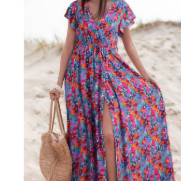 Dresses & Skirts - BOUTIQUE NWOT Blue and Red Smocked Maxi Sundress with Flutter Sleeves